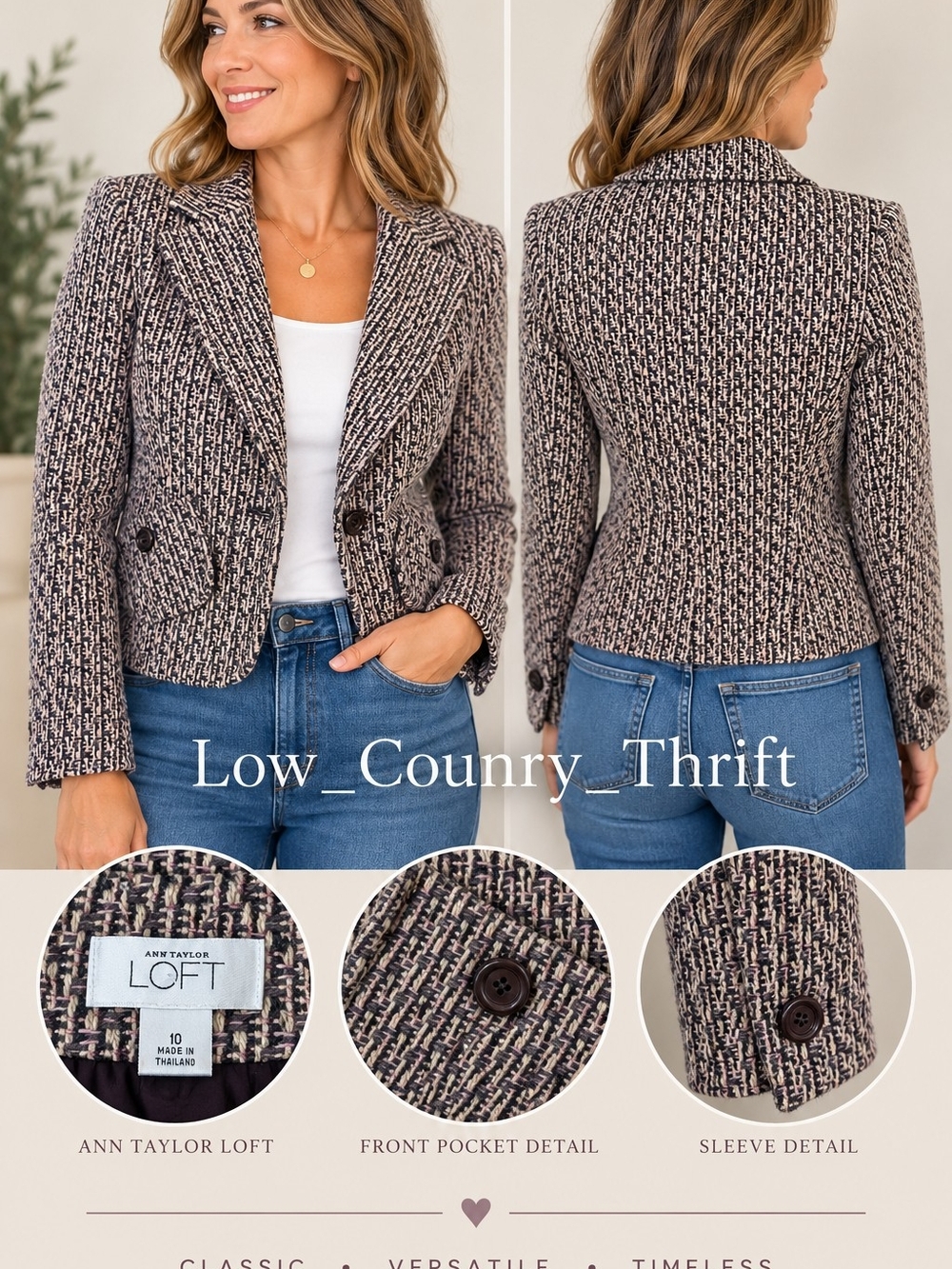 Ann Taylor LOFT Tweed Blazer Size 10 Lavender Cream Wool Blend Lined